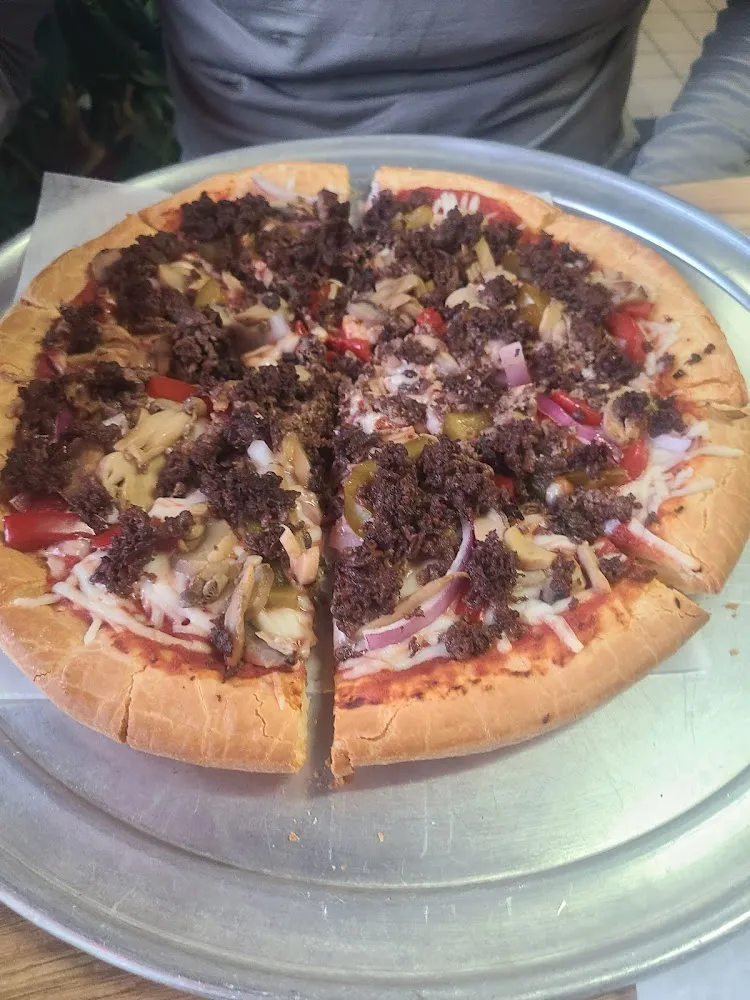 Steak Bomb Pizza on Gluten Free Pizza with Vegan Cheese